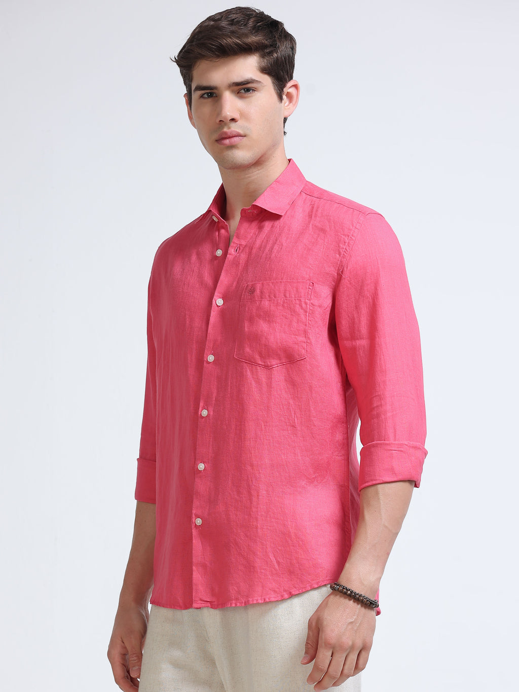 Men's Coral Red Solid Linen Shirt